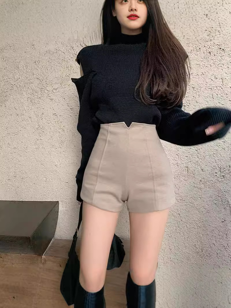High Waist Woolen Shorts Korean Style Autumn and Winter Black Casual All-match Base Pants Slim-fit Slimming Hot Pants Outer Boots Pants