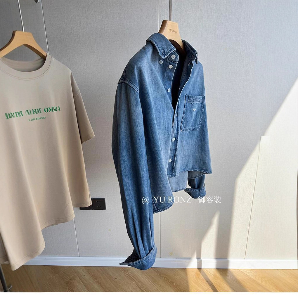 Picture of Blogger Accent ~ Fashionable, Simple and Versatile High-End Embroidered Flap Pocket Pants Cotton Short Denim Shirt for Women 2025 Spring & Fall Style