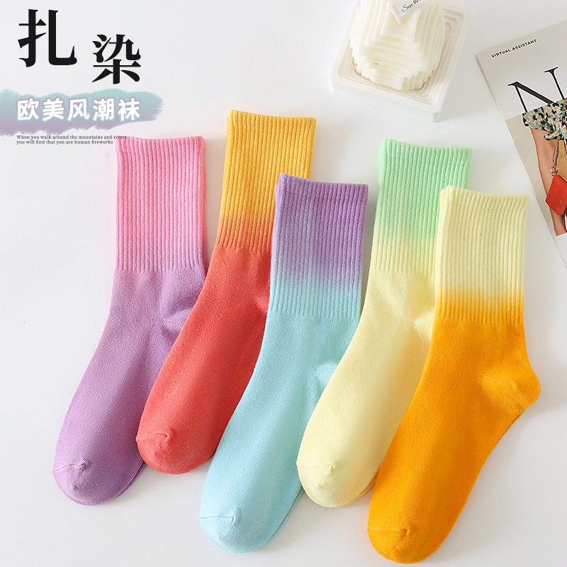 Picture of Women's socks autumn pure cotton deodorant autumn mid-calf Zhuji candy color tie-dyed tide socks wholesale source factory cotton socks