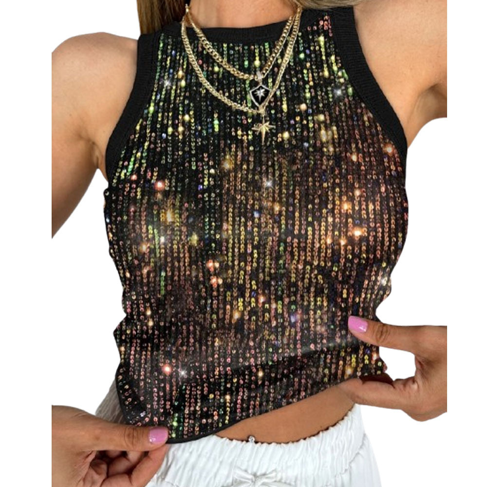 Picture of Amazon European and American New Sequin Vest Women's Sexy Round Neck Base Inner Wearing Top