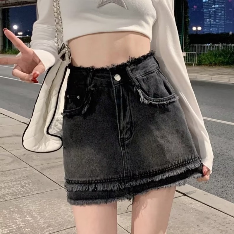 Picture of Black High Waist Denim Skirt Skirt Women's Summer Slim A- line Pants Skirt Small Skirt Hip Skirt