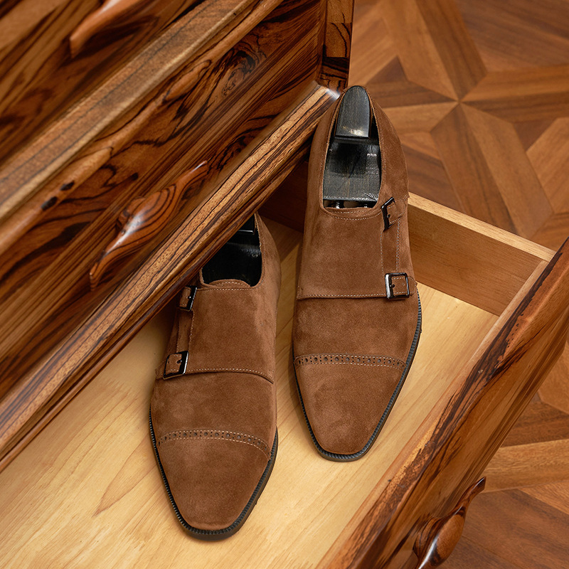Leather Frosted Mengke Shoes Buckle Foot Anti-Velvet Business Casual Leather Shoes Comfortable and Breathable Three-Joint Monk Shoes