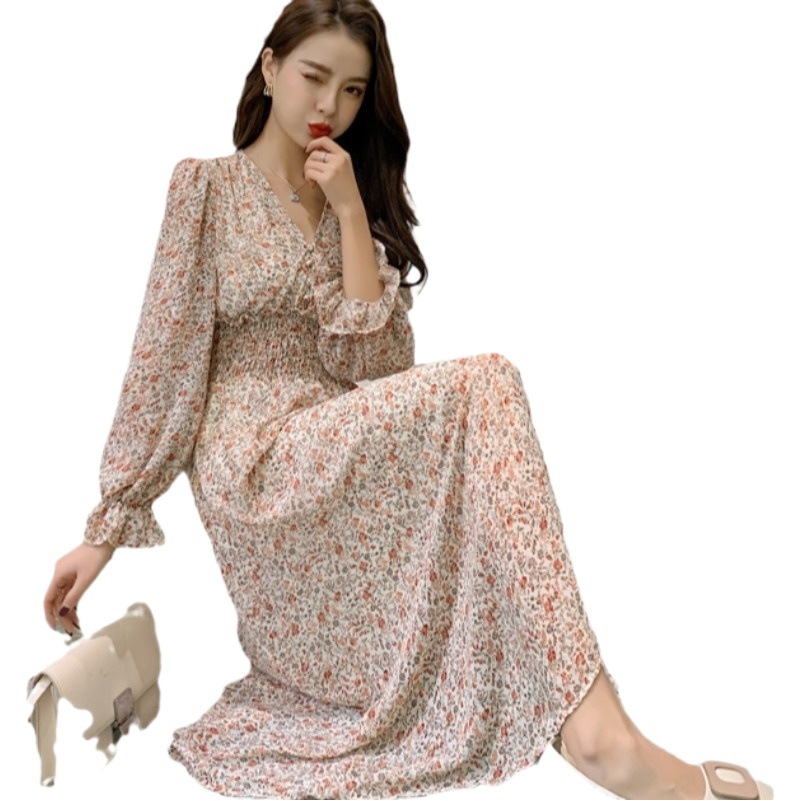 2023 New Niche Floral V-neck Fairy Dress Women's Spring and Autumn Large Size Chubby Girl Elegant Midi Dress