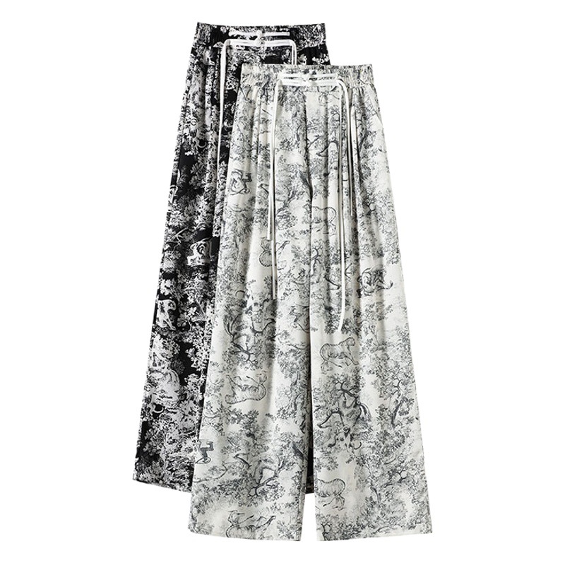 Tie-Dye Ink Print Ice Silk Wide-Leg Pants for Women, Summer Thin Style, Chinese Style, Buttoned, High-Waisted, Draping, Casual, Versatile