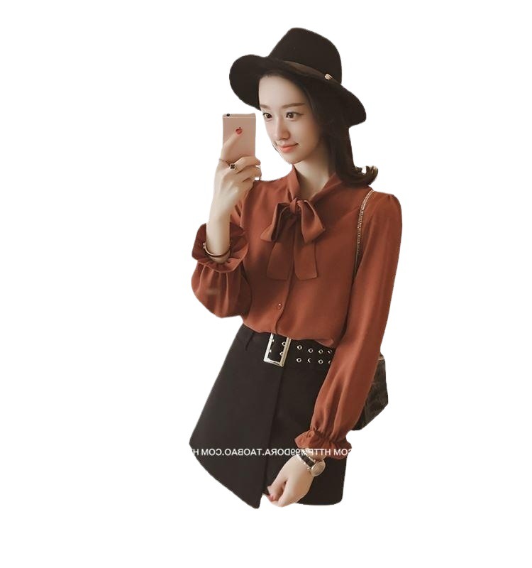 Picture of Bow White Shirt for Women 2025 Spring and Autum New Korean Style Chiffon Shirt Retro Loose Long-Sleeved Top