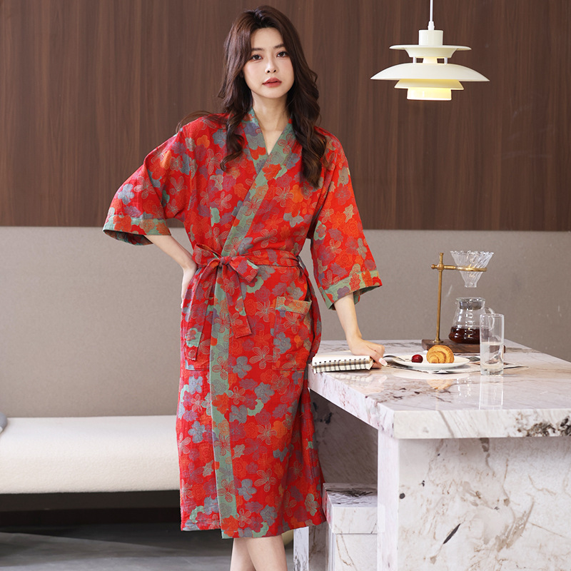 Picture of Class A Spring and Summer Thin Pajamas Pure Cotton Double Gauze Bathrobe Home Clothes Nightgown Couple's Water Absorbent Quick-drying Bathrobe