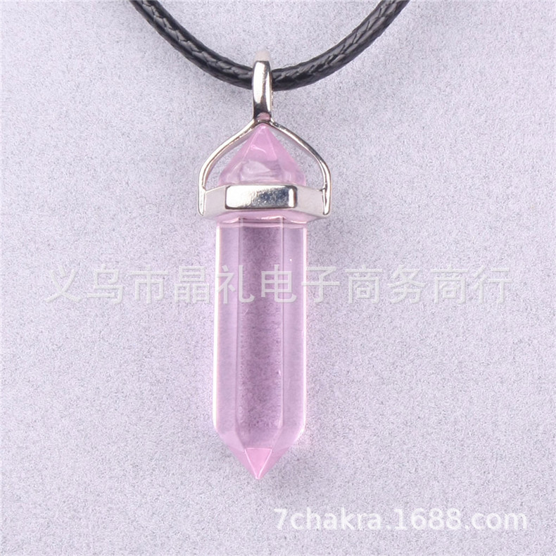 Picture of Natural Stone Hexagonal Pendant European and American Natural Crystal Hexagonal Prism Bullet Hexahedral Black Wax Rope Necklace