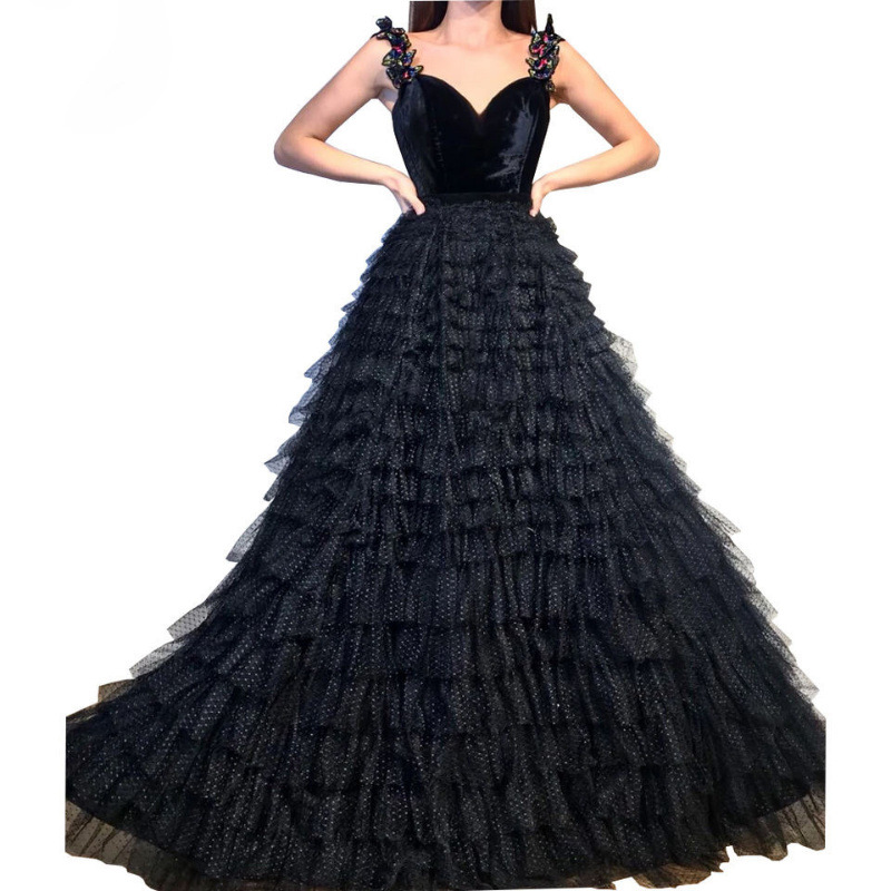Picture of European and American large size small dignified and graceful black multi-layer pleated suspender long skirt annual performance host dress