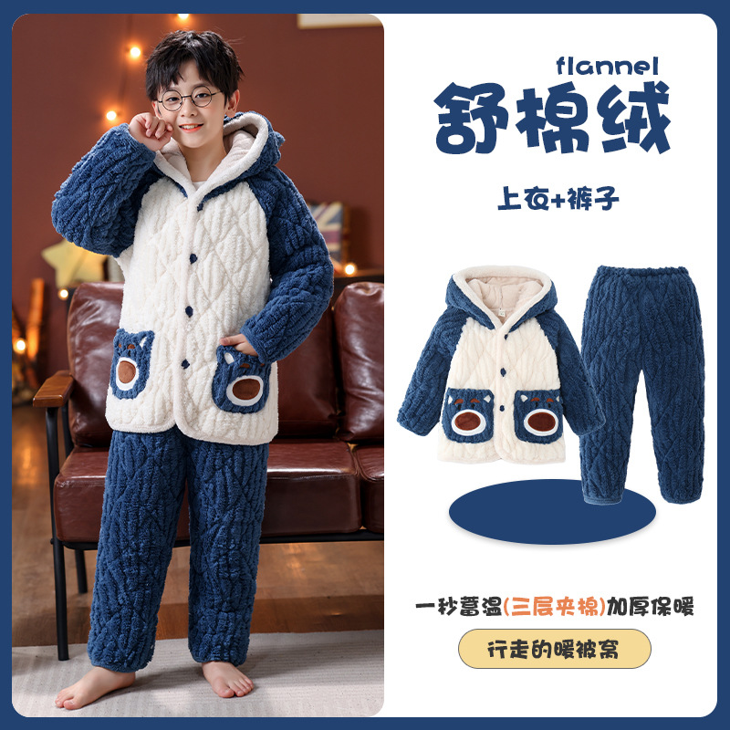 Picture of Children's Three-Layer Quilted Pajamas Winter Flannel fleece-lined Thickened Boys' Girls' Baby Warm Home Clothes suit