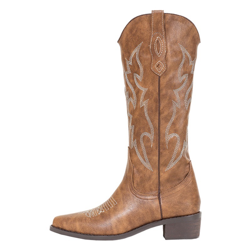Vintage Embroidered Leather Western Cowboy Boots Women's Autumn 2023 New Pointed Thick-heeled Sleeve All-match Knight Boots