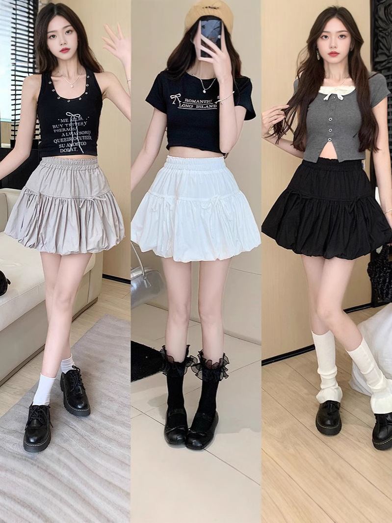 Designed Bow-Tie Puffy Skirt White Skirt Women's Summer Sweet Style A-Line Short Skirt Flower Bud Skirt