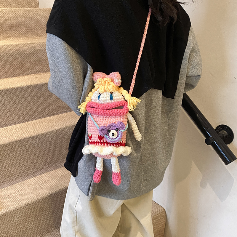 Picture of 2024 Big Mouth Mobile Phone Bag Handmade Woven Bag Crochet Wool Bag Creative Cute Bow Girl Satchel