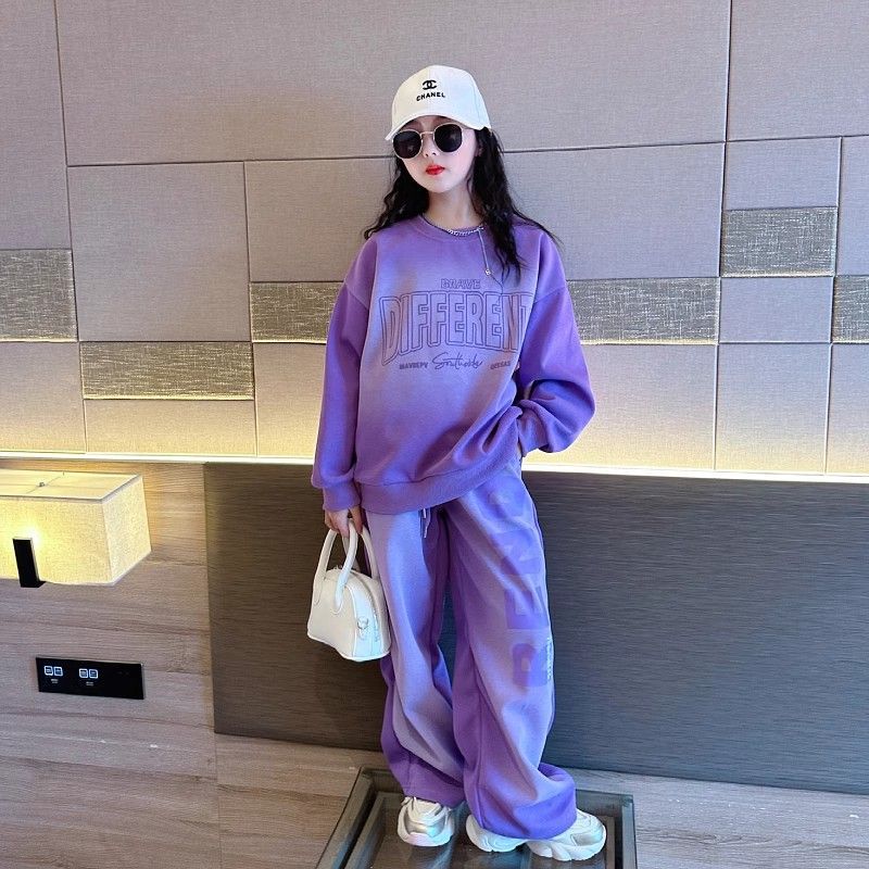 Internet Celebrant Girls' Korean Style suit Middle and Big Children's Spring and Autumn New Western-style Letter Sweatshirt Fashionable Trousers Gradient Two-piece Set