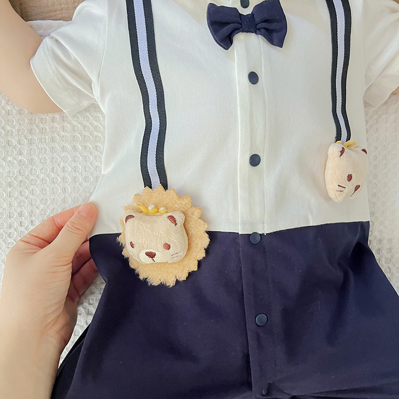 Picture of Newborn Gentleman One-Year-Old Dress Baby Short-Sleeved Hatshirt College Style Baby Summer One-Body Clothes Thin Climbing Suit