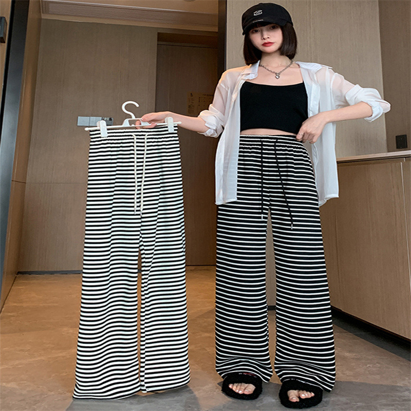 Black and white striped pants women's autumn 2024 New High waist draping narrow wide-leg pants straight casual mopping pants