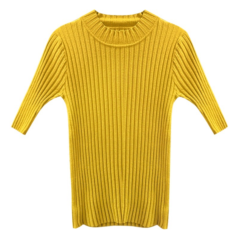 2023 Spring and Autumn New Slim Mid-Sleeve Sweater Women's Black Sweater with Bottoming Shirt Five-Quarter Sleeve Short Top