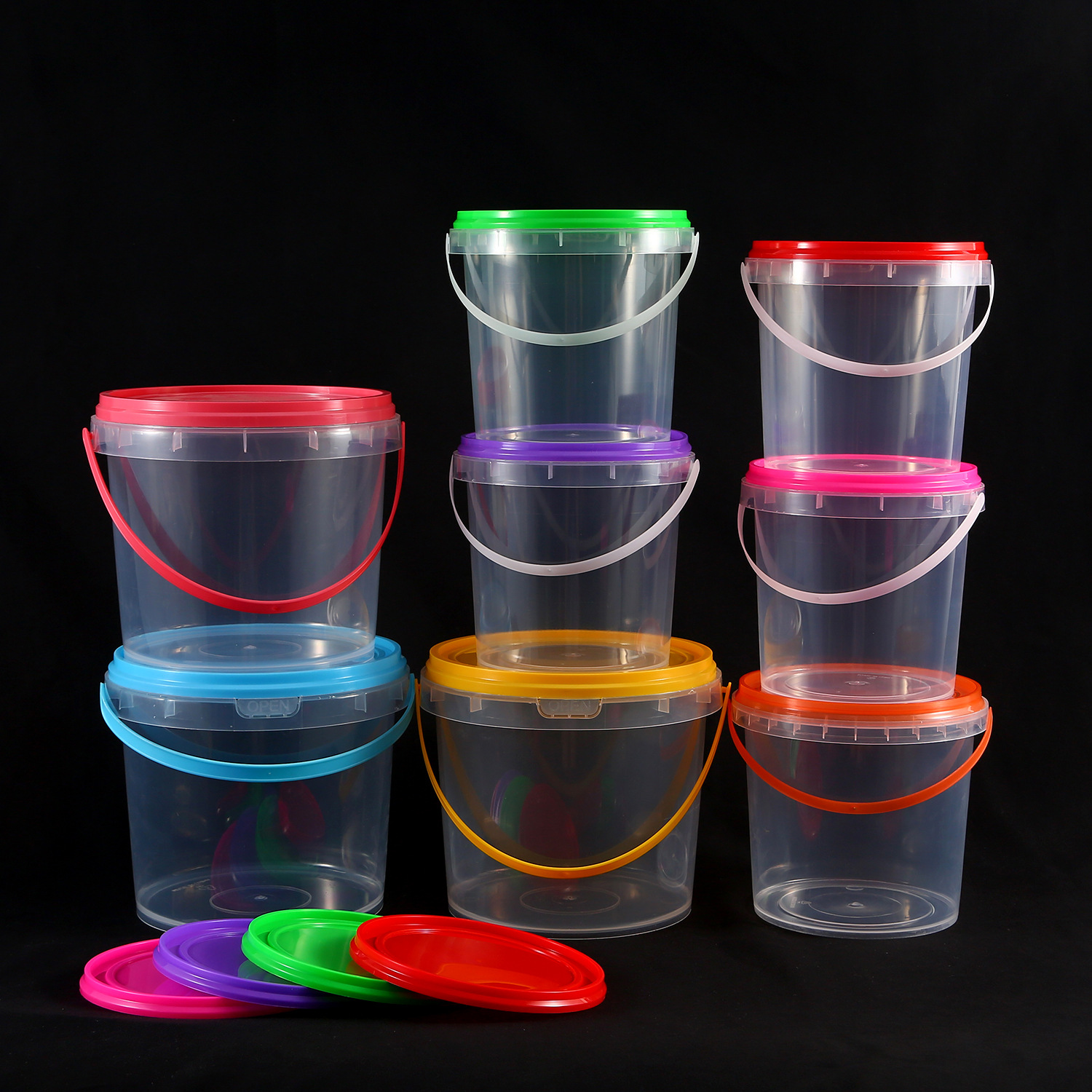 Factory color lid portable plastic bucket 0.3-5L transparent storage candy toy bucket food grade PP material customization
