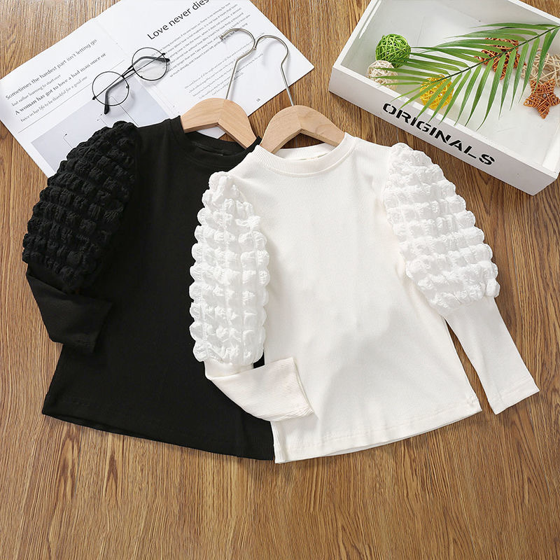 Girls' Base Shirt Spring and Autumn 2024 Half High Collar Bubble Sleeve Thickened Children's Long Sleeve T-shirt Girls' Top Cross-border