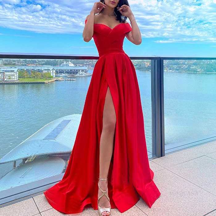 Export Women's Red Dress Exquisite Outfit Noble Red Slit Long Dress European and American Export Women's Clothing
