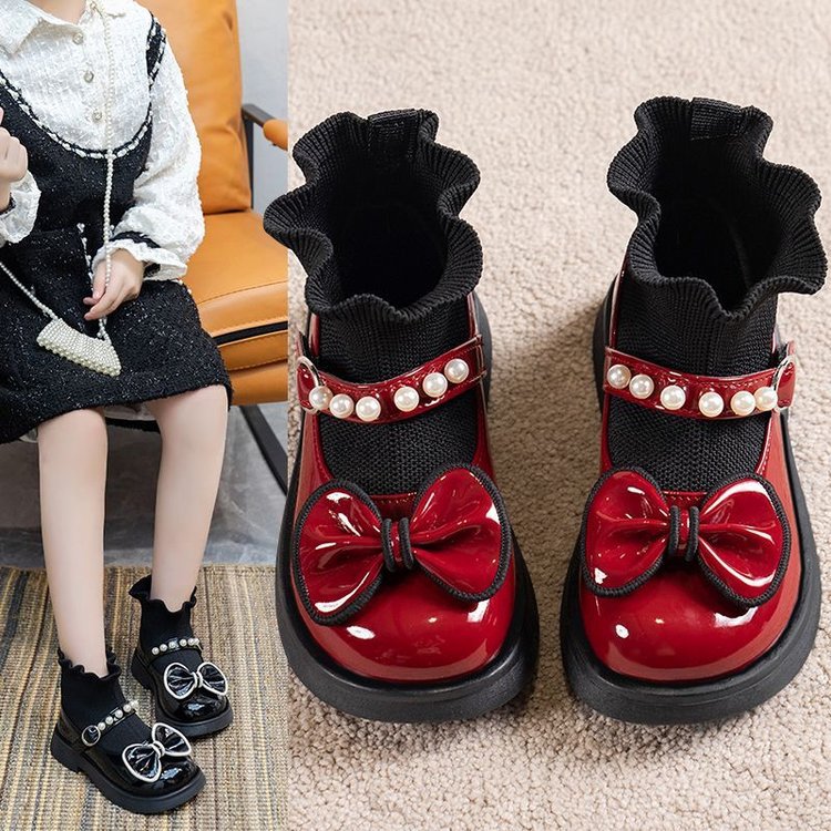 New Children's Princess Socks Boots 2025 Spring and Autumn Children's Baby Socks Shoes Girls' Bow Pearl Socks Boots