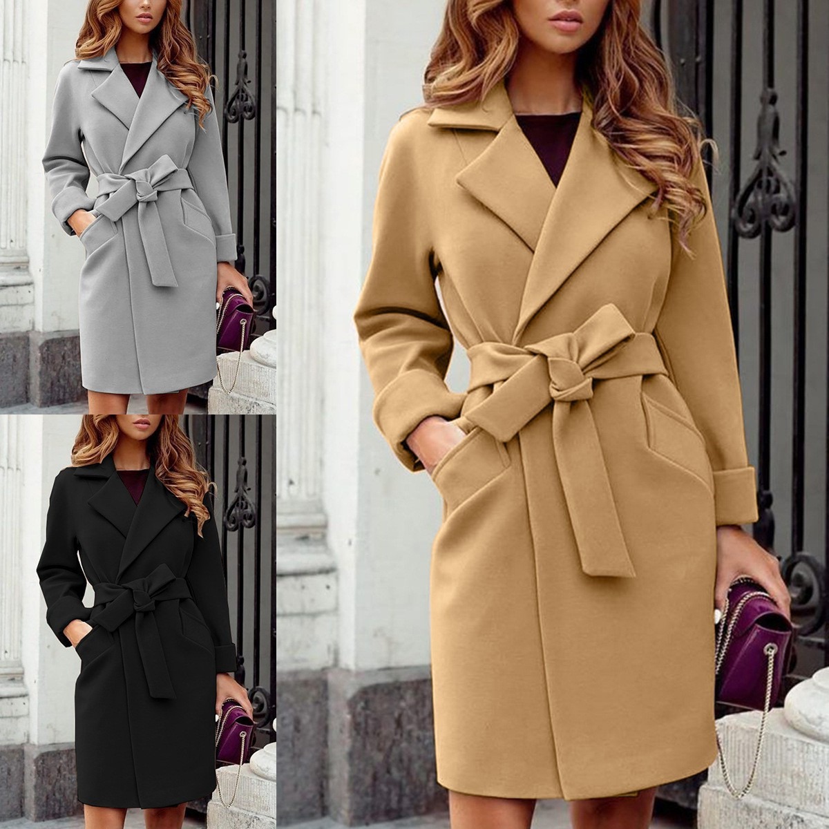 Independent station wish Amazon ebay fashion slim belt lapel tweed coat coat
