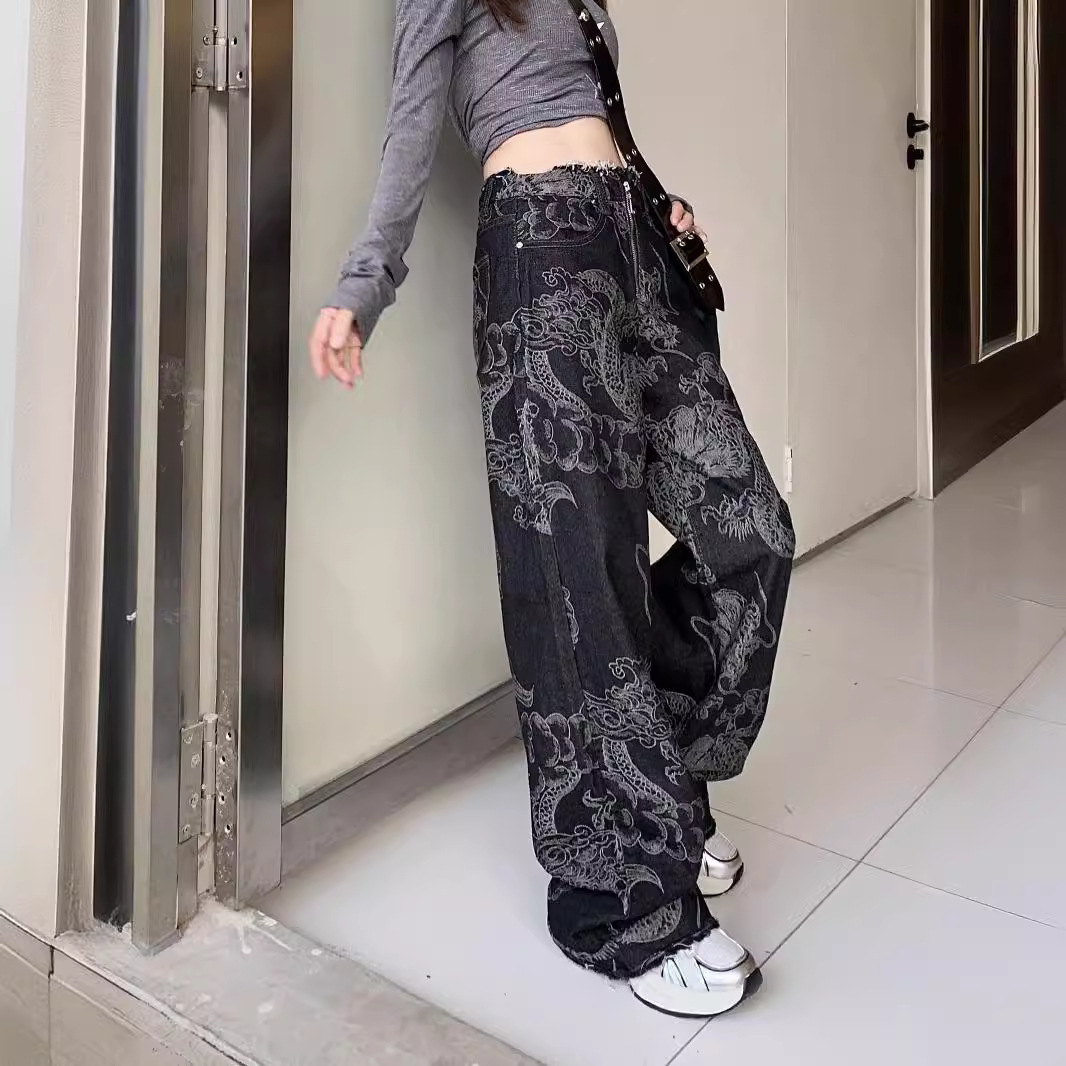 New National Trendy Dragon Print Fashion Design Sense Woolen Wide Leg Jeans Slim Look Casual Pants in stock