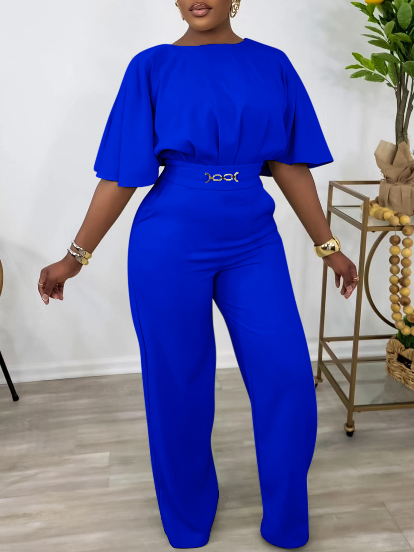 Independent station foreign trade women's clothing 2024 new fashion loose solid color slim African plus size foreign trade wide leg jumpsuit