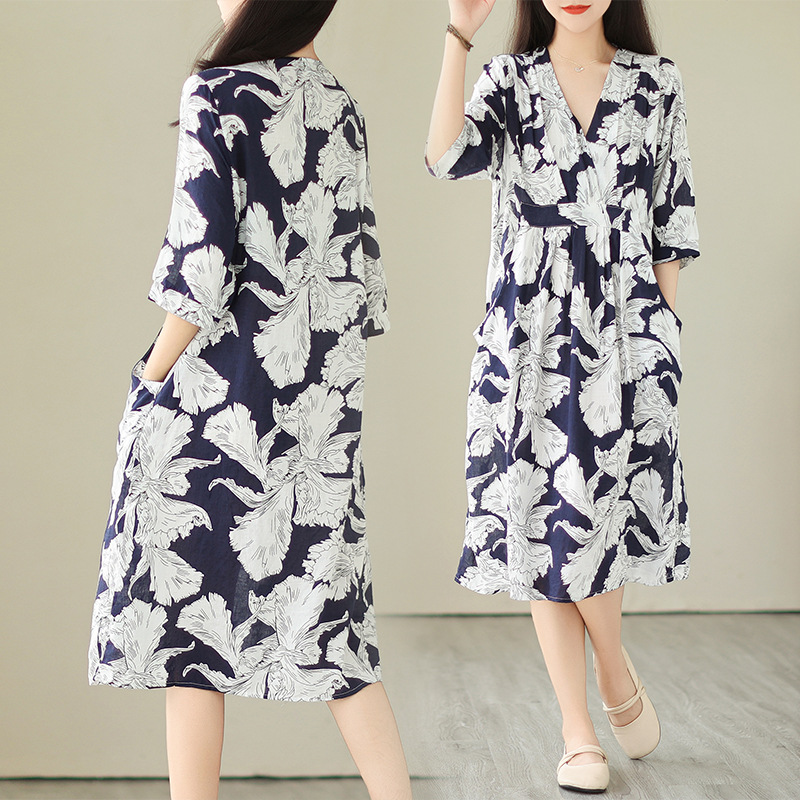 Summer and Autumn New plus size dress women's high-grade fashionable elegant retro printed waist slimming dress