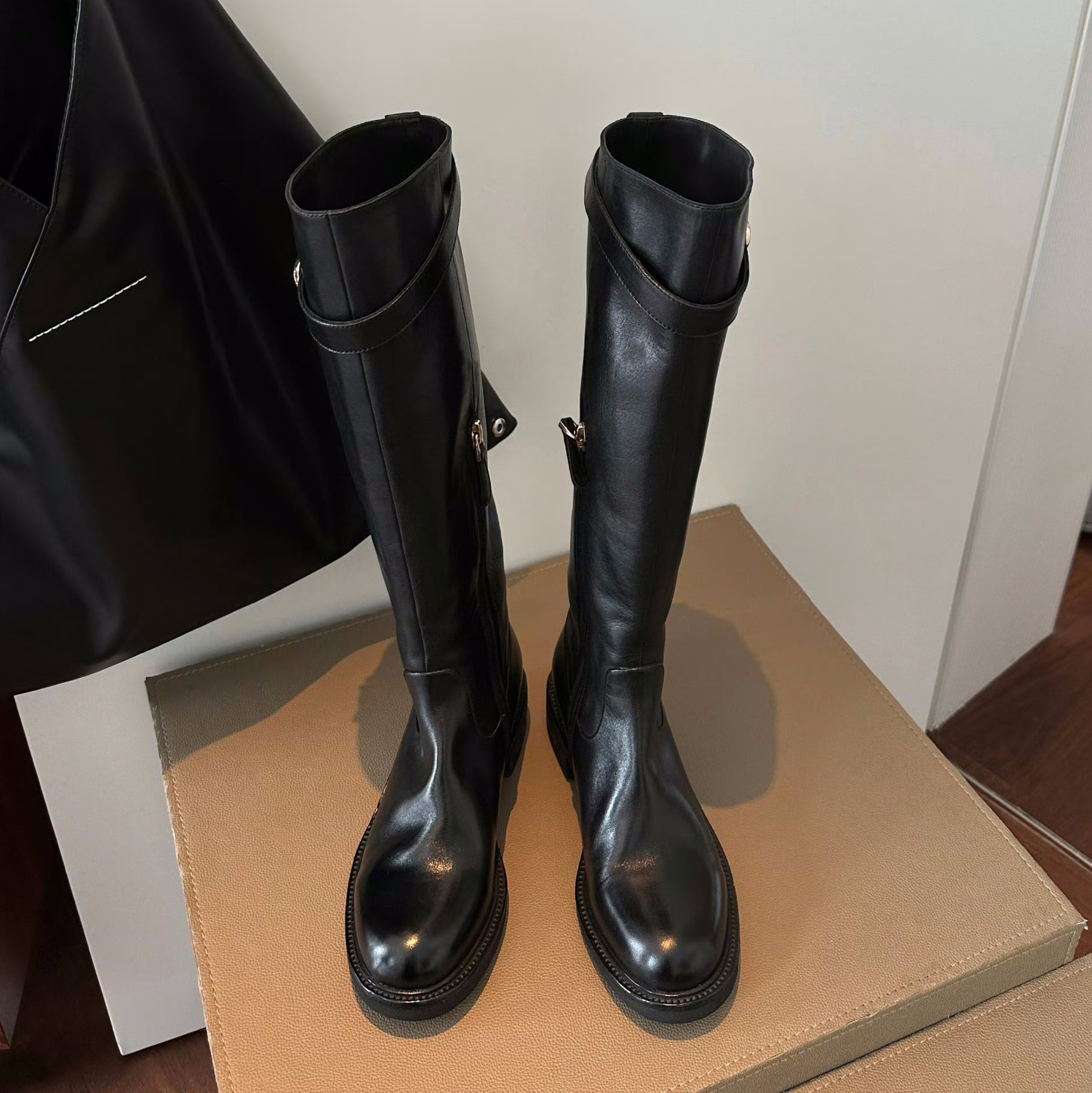 Washed Cowhide ~ Genuine Leather Round Toe Slim Boots Thick Heel Belt Buckle Knight Boots Women's Pleated High Boots Long Boots
