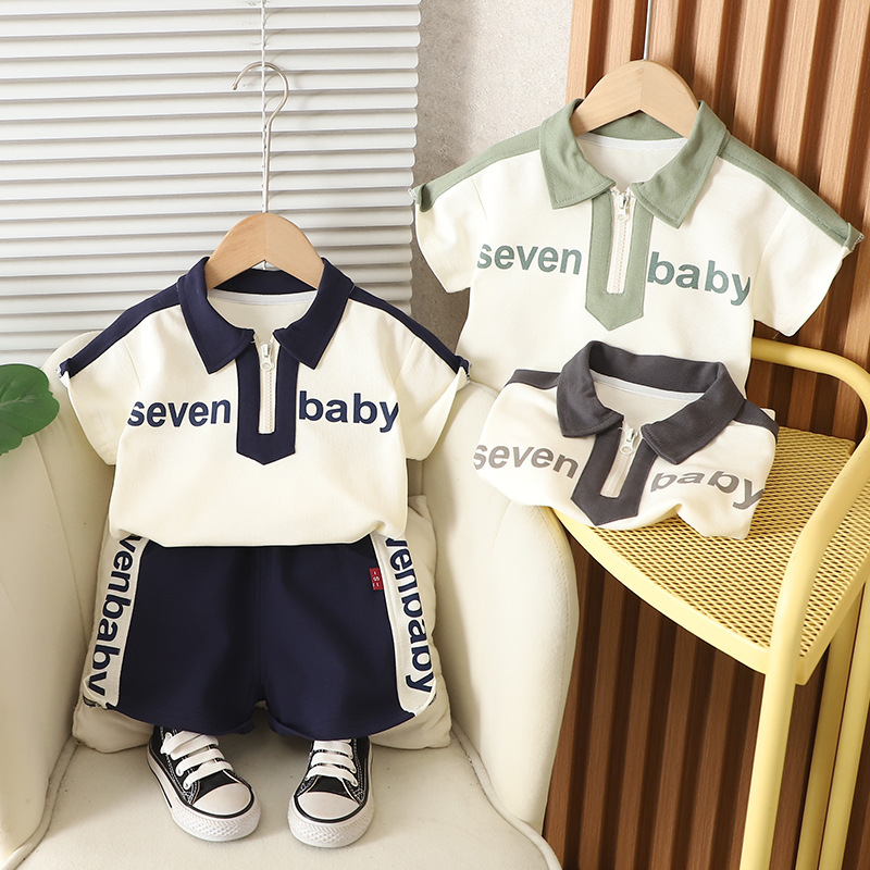 Foreign Trade New Children's Waffle Letter Short-sleeved Shorts suit Boys Summer Casual Comfortable Thin Two-piece Set