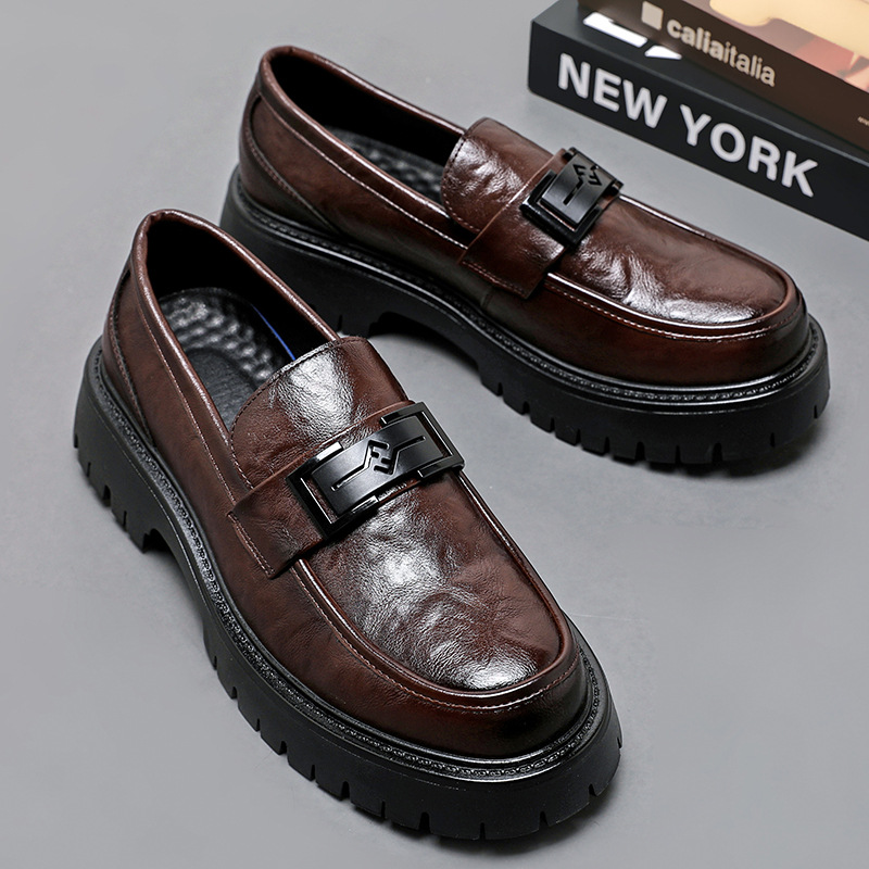Amazon 2025 Cross-Border Platform Shoes and Thick-Soled Shoes for Men with Metal Buckles, Slip-On Loafers for Men, Large and Small Leather Shoes