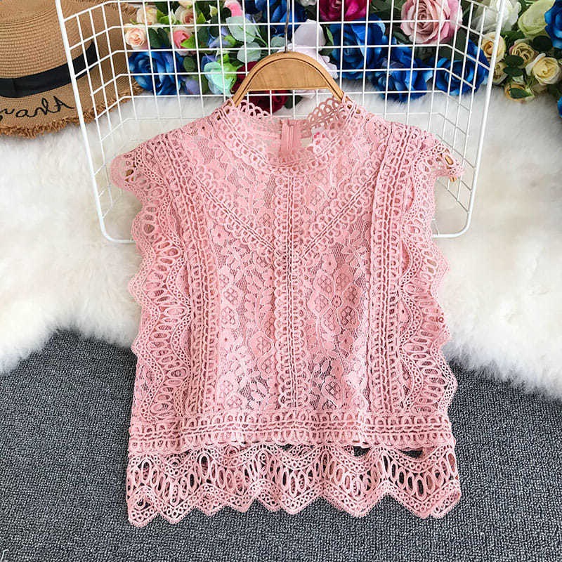 Fashionable Ladylike Small Stand-Up Collar Cut Out Wavy Edge Lace Shirt Sleeveless Short Style Top for Women