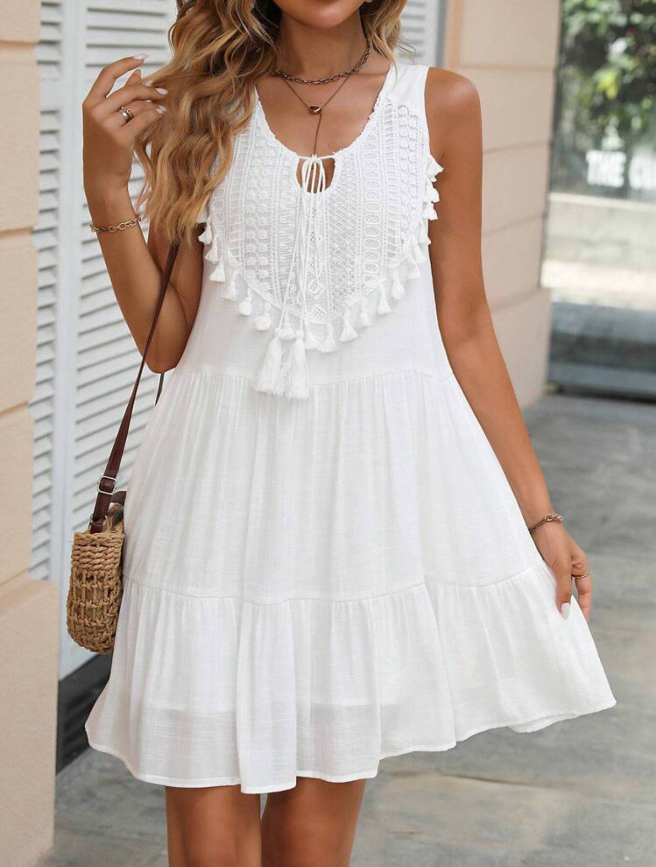 2024 European and American Foreign trade summer new V-neck lace stitching loose sleeveless dress