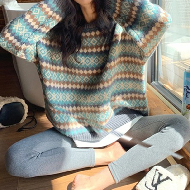 Japanese Vintage Jacquard Striped Sweater Women's Autumn and Winter 2024 New Lazy Pullover Sweater Top