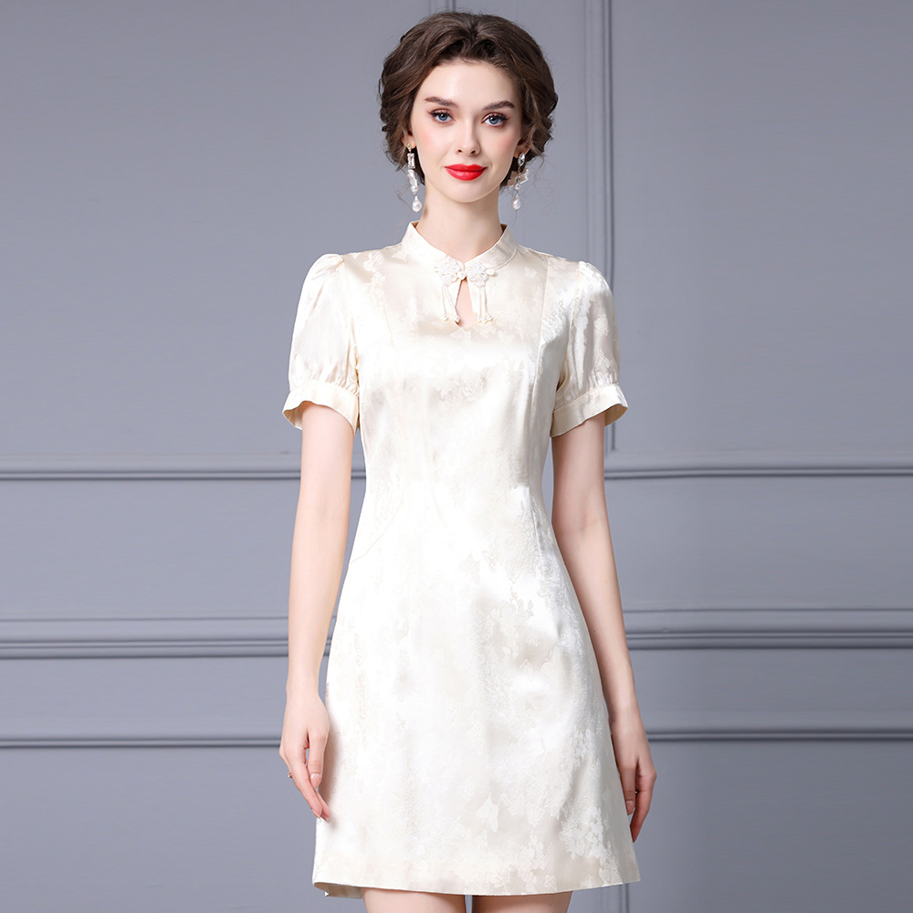 Picture of Zhili's Best Friend Improved Cheongsam Dress Stand Collar Plate Button Jacquard A-Line Dress Short Summer 2025 New Style