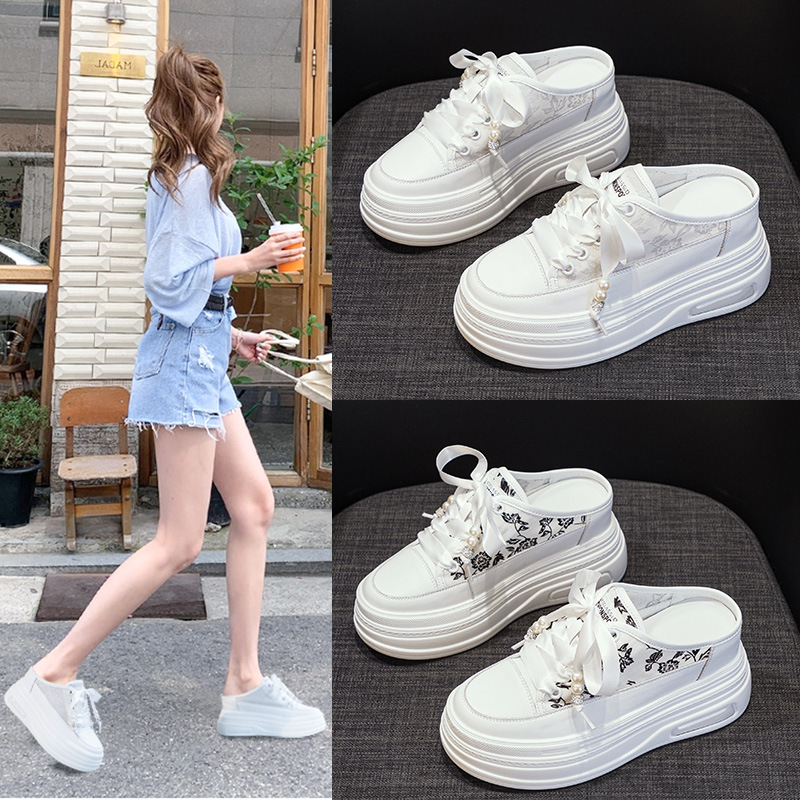 Genuine Leather Baotou Half Slippers for Women's Outer Wear 2025 Spring and Summer New Style Mesh Breathable Thick Sole Inner Height Increasing Women's Shoes 9cm Trbottomy