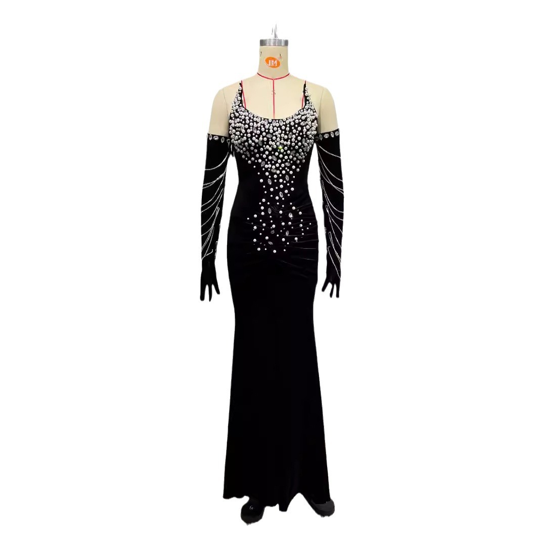 Picture of European and American fashion new velvet tube top beaded rhinestone with gloves Elegant party banquet adult ceremony evening dress