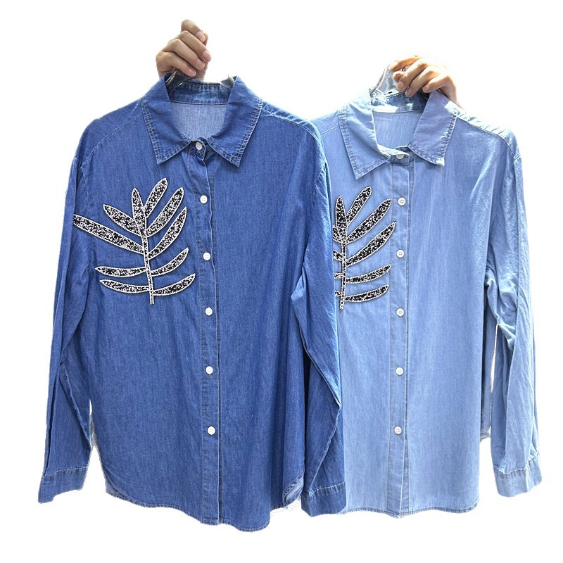 Picture of European Design Diamond-Encrusted Long-Sleeved Denim Shirt for Women Spring & Fall New Loose Fashion Retro American Top Korean Version