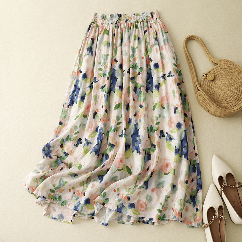 Summer 2024 New Style Elegant Casual Oil Painting Style Printed High Waist plus size Skirt Women's Floral A- line Long Skirt Thin