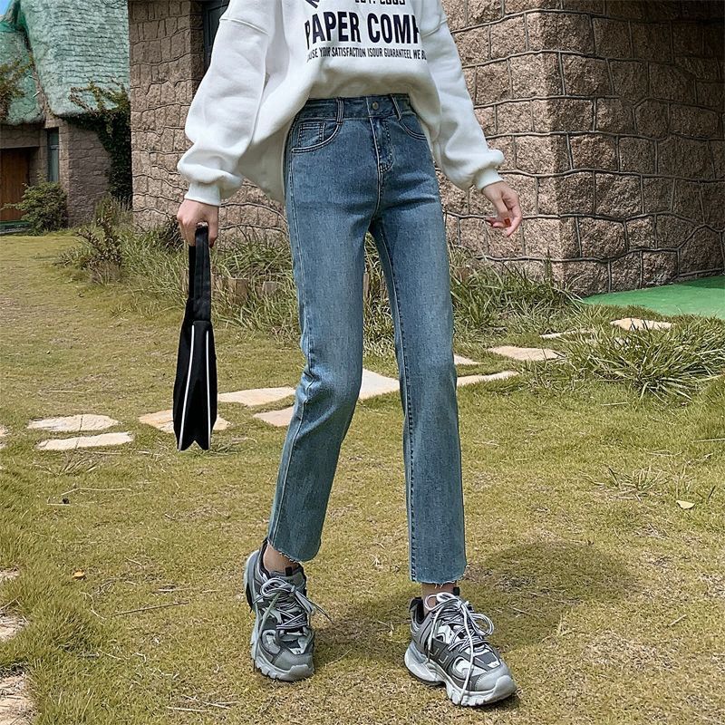 Picture of Straight Leg Jeans Women's Retro Loose High Waist Slimming 2021 New Stretch Petite Burr Edges Autumn