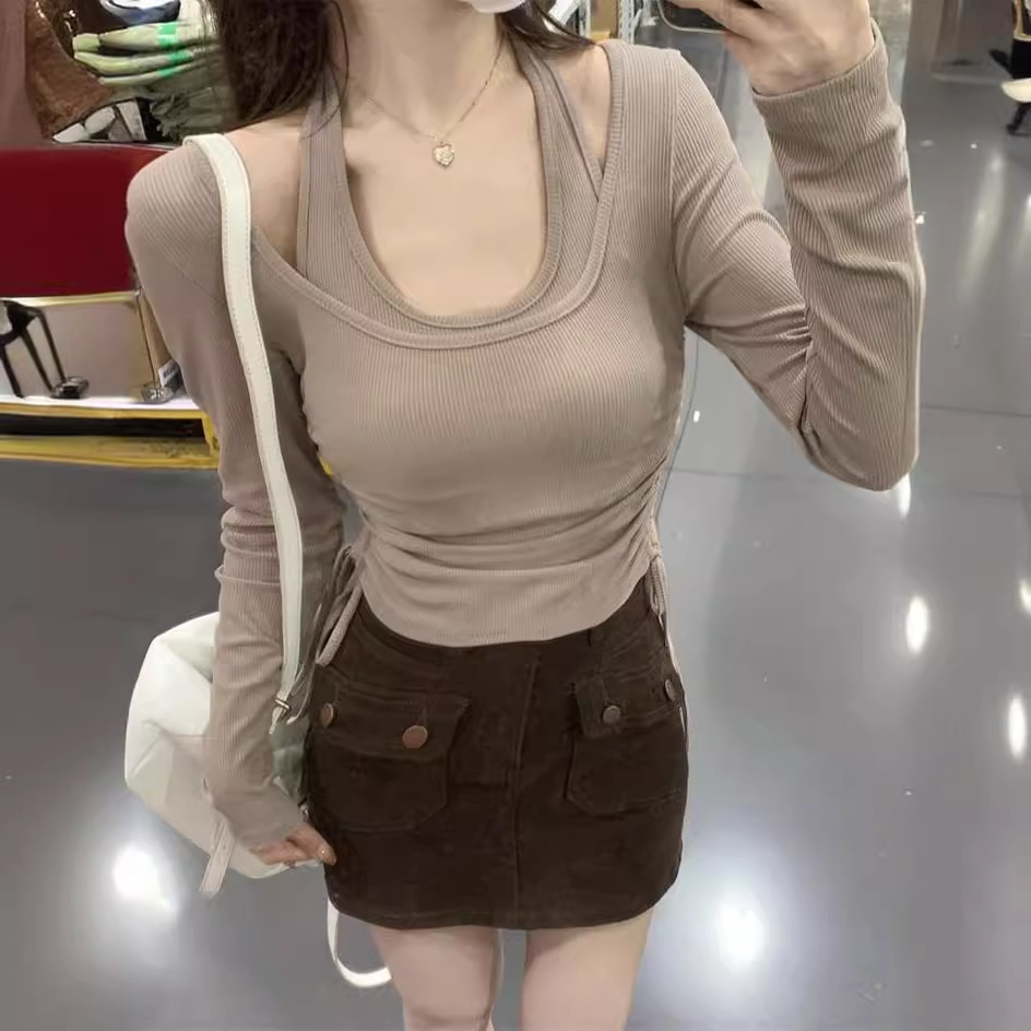 Picture of Spring and Autumn Korean version of the new personality hanging neck long sleeve T-shirt women's ins chic figure base shirt wholesale