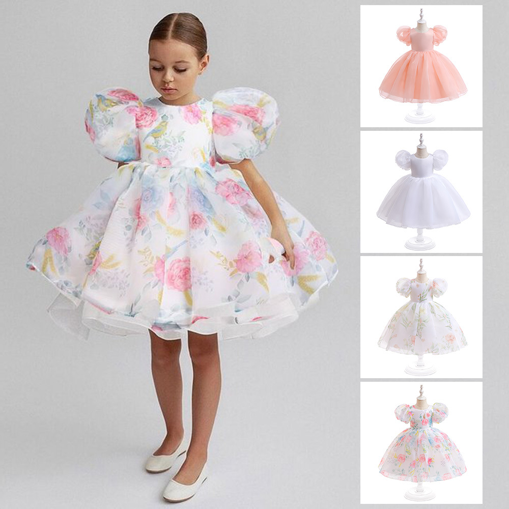 European and American New Girls' Dress Amazon Large Children's Puff Sleeve Princess Dress Children's Floral Mesh Shruffled Dress