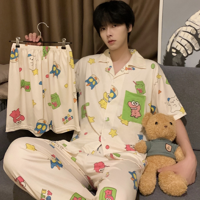 Real Shot# Three-piece Cotton Cartoon New Pajamas Men's Summer Cute Casual Outwear Home Clothes