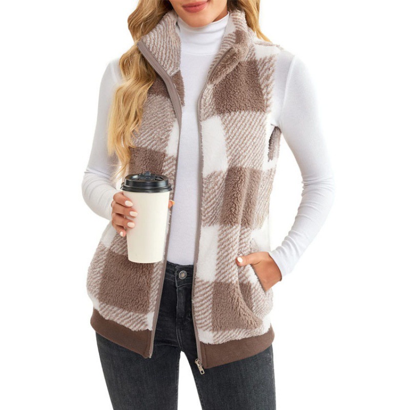Picture of Spring and Autumn Coat Spring and Autumn Plaid Comfortable Velvet Cardigan Stand Collar Vest Coat Cross-border Women's Clothing