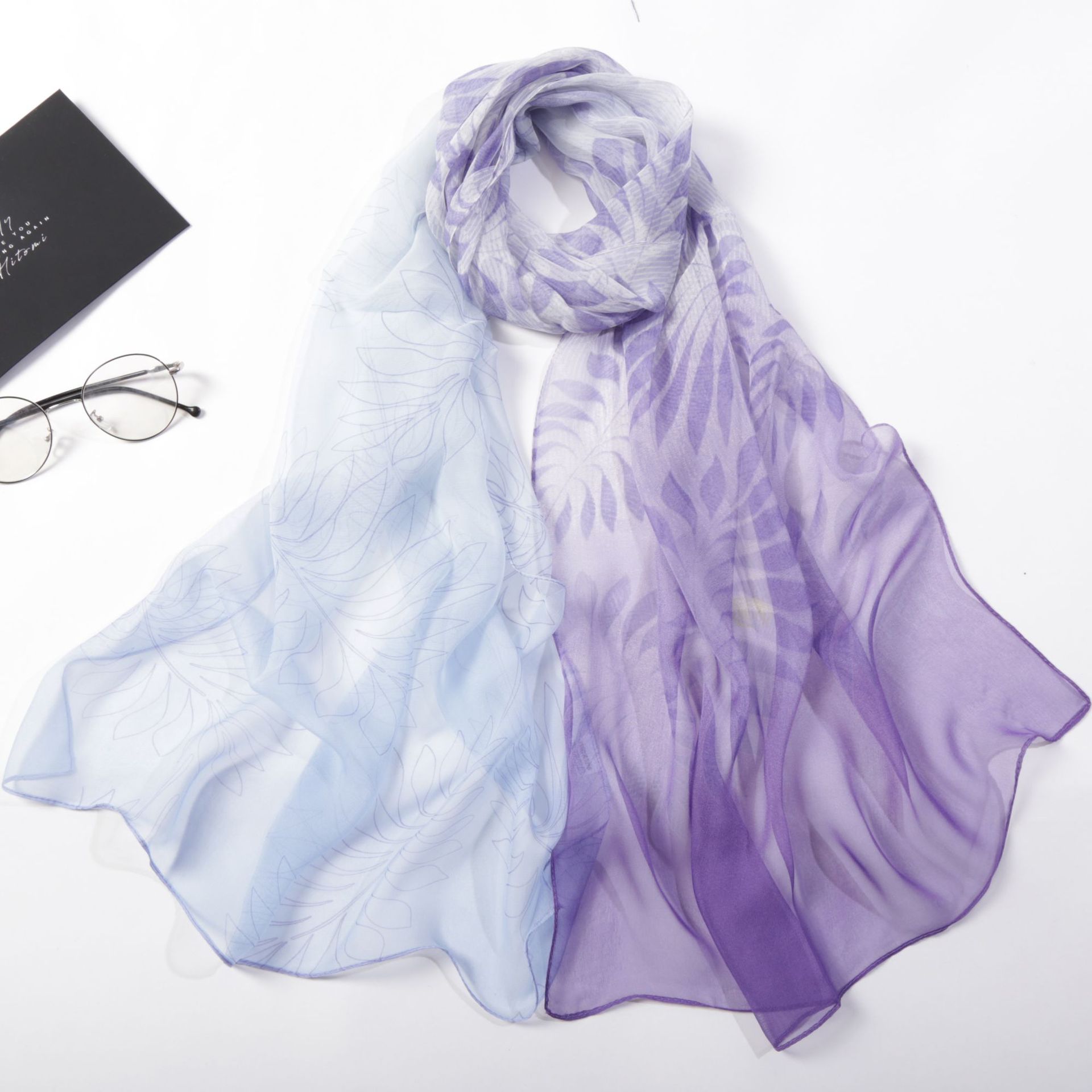 Spring and Autumn Women's Gradient Leaf Silk Scarf Feel Soft Korean Style Thin Long Women Korean Style Silky Smooth Beautiful New Style