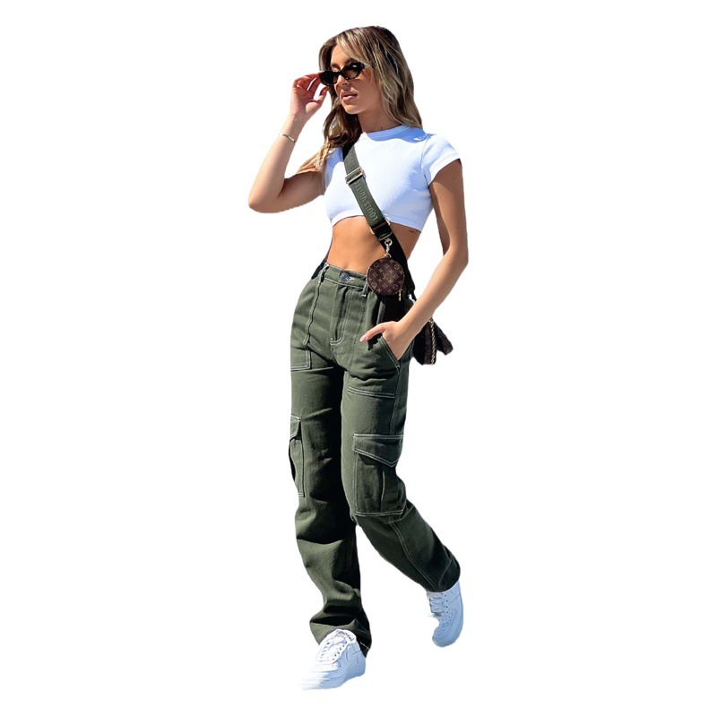 2023 European and American Amazon Independent Station Autumn and Winter New Women's Pants Personalized Fashion Splicing Straight Multi-Flap Pocket Pants Cargo Pants