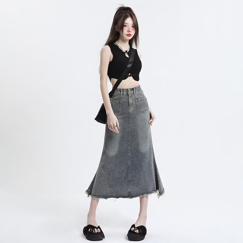 Vintage Denim Little Skirt Girl's Summer New High Waist Slimming Mid-length Fur Hip Fishtail Skirt