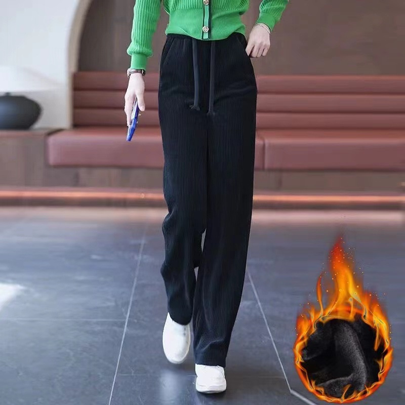 Women's wide-leg pants autumn and winter 2023 new high waist draping straight corduroy casual spring and autumn fleece-lined pants