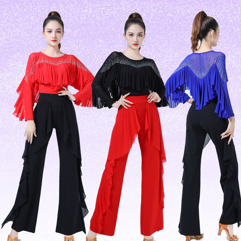 Gitba clothing women's new diamond ruffled dance clothes ballroom dance square dance practice clothes Latin Dance Top