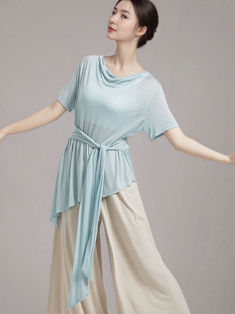 New modern dance collar short-sleeved T-shirt women's design sense strap waist dance costume Chinese dance practice costume top